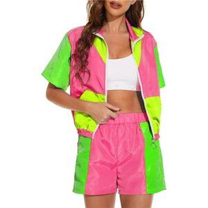 Yisfri Color Block Windbreaker Set Womens 2 Piece Zip Jacket Shorts Outfit